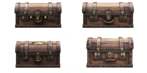 Four wooden treasure chests illustration on transparent png background