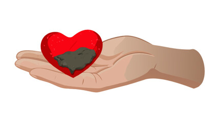 A hand is holding a red heart that is covered in dark dirt, symbolizing emotional pain, sadness, or a broken heart