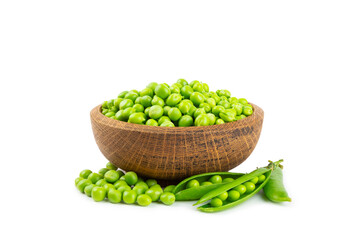 Fresh green pea pods with green peas isolated on white background. Sweet green peas. Green pea beans vegetables. Vegan. healthy vegetable