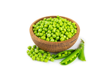 Fresh green pea pods with green peas isolated on white background. Sweet green peas. Green pea beans vegetables. Vegan. healthy vegetable