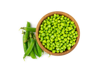 Fresh green pea pods with green peas isolated on white background. Sweet green peas. Green pea beans vegetables. Vegan. healthy vegetable
