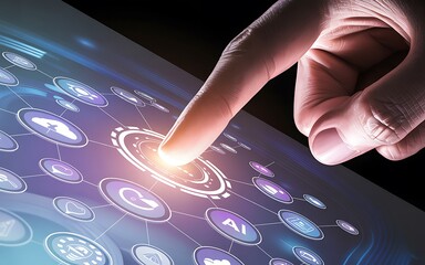 Finger touching glowing digital interface with interconnected icons and A I symbol technology