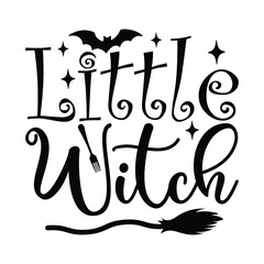 Little Witch Halloween Design with Bat, Fork, and Broom