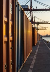Rows of cargo containers at a commercial port during sunrise or sunset, representing global trade and logistics. Global trade efficiency concept for business presentation or design banner.
