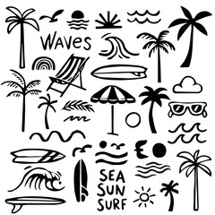 Palm Tree & Surfboard Doodle Icons &ndash; Hand-Drawn Vector Set for Beach, Summer, and Vacation Designs