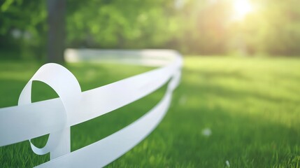 Fototapeta premium Ribbon White ribbon fluttering in the wind, attached to a fence at an outdoor event or festival.