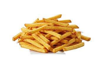 A large pile of golden-brown crispy french fries seasoned with salt crystals on a transparent circular ceramic plate against a transparent background with bright, shadowless studio lighting from a