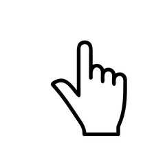 A minimalist line icon of a hand cursor with an index finger pointing up. This symbol represents clicking, tapping, selection, and interactive swipe gestures for user interfaces.