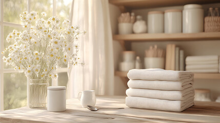 Stack of white towels on a wooden surface near a window with a vase of flowers and shelves with toiletries.