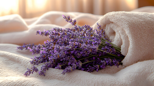 A bunch of lavender flowers rests on a white blanket on a bed.