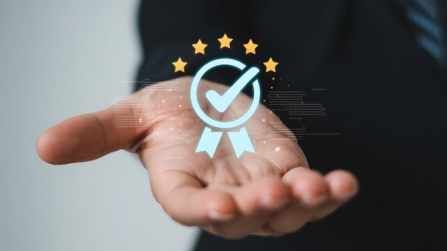 Hand holding glowing blue checkmark badge with five stars above open palm