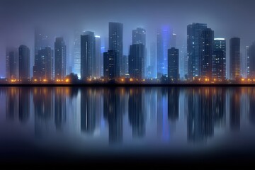 Obraz premium Enigmatic city skyline captured under a blanket of fog revealing illuminated towers reflecting on tranquil water creating a surreal dreamscape of urban exploration and nighttime serenity