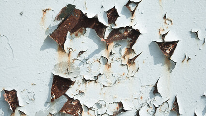 old peeling paint on metal wall close up
