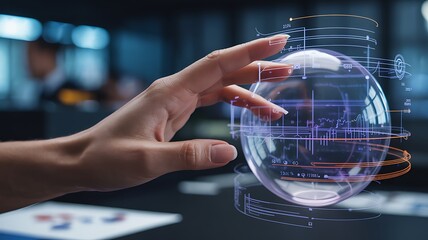 Hand interacting with futuristic holographic data sphere displaying charts and graphs technology future