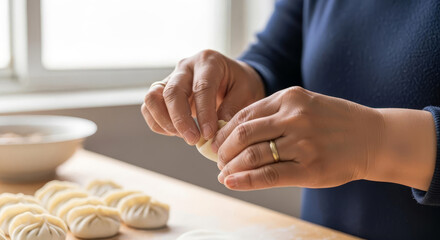 A middle-aged Asian woman with long black hair prepares dumplings in a bright kitchen. She focuses on folding the dough with care. Fresh dumplings are arranged on the table.