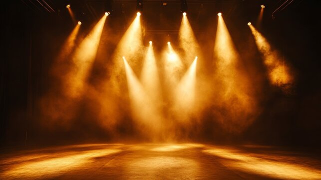 Dramatic stage lighting with warm amber spotlights and haze, creating a moody atmosphere.