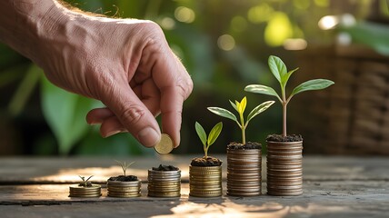 Hand placing coin on stacked coins with growing plants outdoors money growth