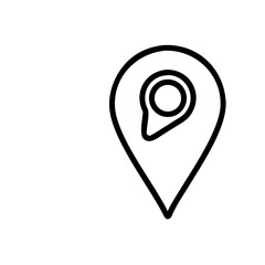 Minimalist location sharing icon. A simple black line art symbol of a map pin with an inner arrow pointer for navigation, GPS tracking, and marking a destination point on a white background.