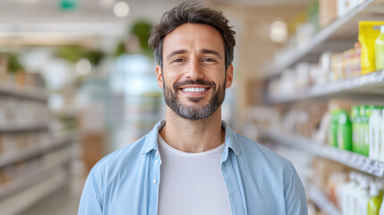 A cheerful man stands in a bright store aisle, showcasing a friendly smile and relaxed demeanor, representing positivity and approachability.