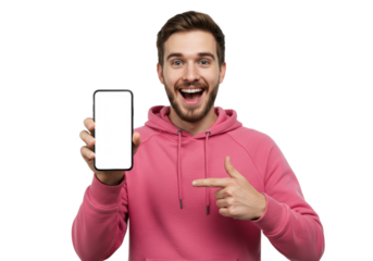 Young caucasian man, early twenties, pink hooded sweatshirt, holding black smartphone with blank white screen, pointing, smiling mid-laugh on a bright white studio background with copy space. Dynamic