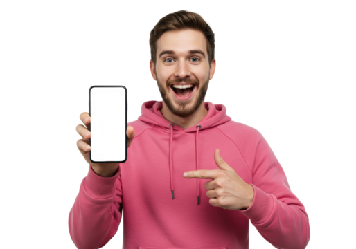Young caucasian man, early twenties, pink hooded sweatshirt, holding black smartphone with blank white screen, pointing, smiling mid-laugh on a bright white studio background with copy space. Dynamic