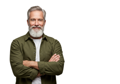 Middle-aged caucasian man, 50-55, grey hair and beard, olive green unbuttoned shirt over white t-shirt, standing arms crossed, friendly wise expression, against transparent studio background with