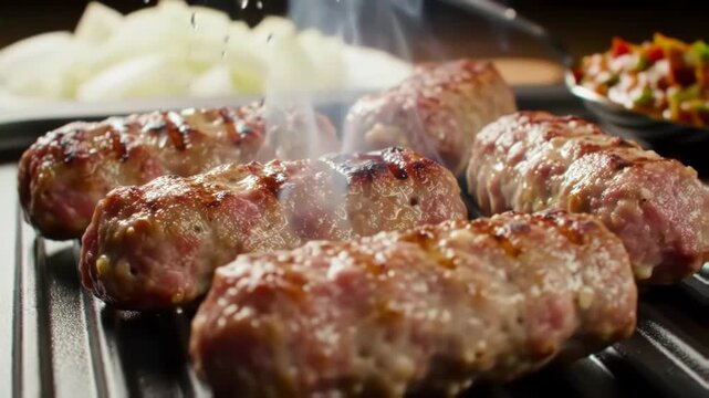 Realistic close-up video of seasoned sausages sizzling and smoking on a hot electric grill
