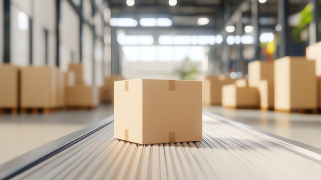 A close-up view of a cardboard box on a conveyor belt in a modern warehouse, showcasing logistics and shipping processes.