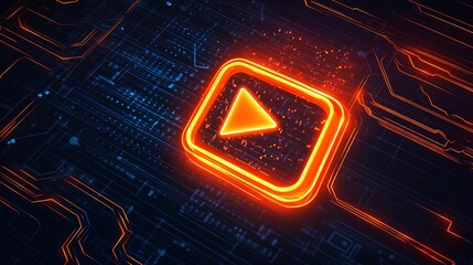 A glowing orange add to playlist vector action icon on a dark tech background