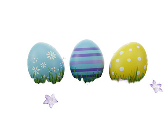 Three detailed Easter eggs (light blue floral, blue striped, yellow polka dot) nestled in lush green grass with purple bell flowers on a dark wooden table, white background, spring leaves framing,
