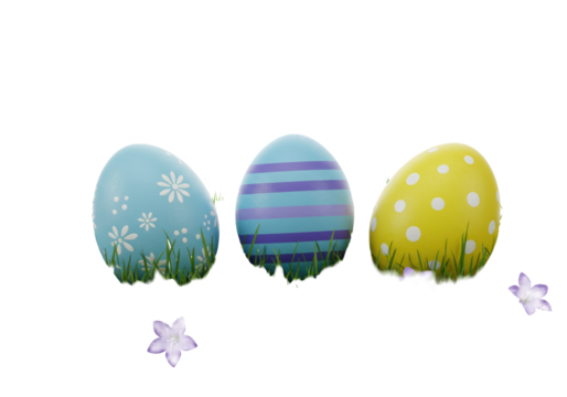 Three detailed Easter eggs (light blue floral, blue striped, yellow polka dot) nestled in lush green grass with purple bell flowers on a dark wooden table, white background, spring leaves framing, - Powered by Adobe