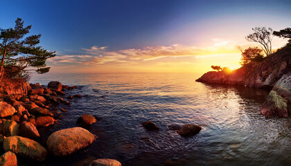 Obraz premium landscape of water sunset trees rocks and the horizon