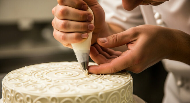 pastry chef decorating cake with icing, extreme close-up of hands