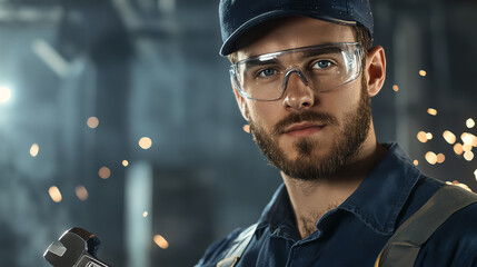 A focused male worker in protective eyewear holds a wrench in a workshop, showcasing dedication and professionalism in his craft.