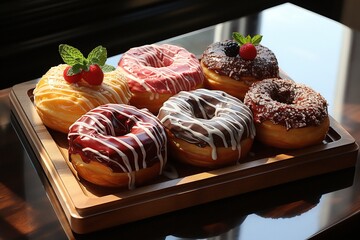 Wooden Tray With Iced Cronuts. Freshly baked cronut - flaky croissant-doughnut hybrid