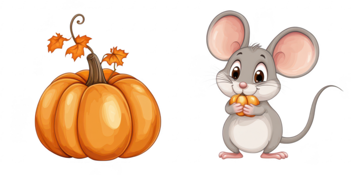 Pumpkin and cartoon mouse illustration on transparent png background