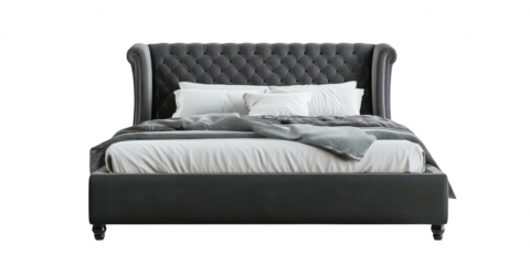 Elegant gray bed with pillows and blanket on transparent png background