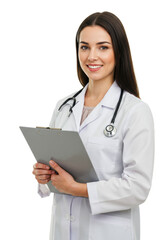Young caucasian woman doctor with warm smile, white lab coat, stethoscope, holding clipboard. Studio shot on clean white background with copy space, professional medical portrait