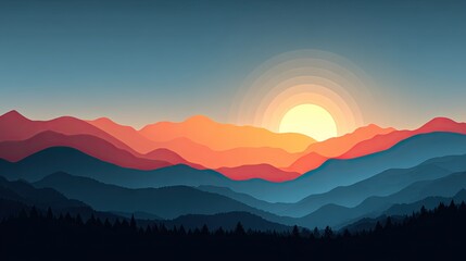 Sunset over layered mountains
