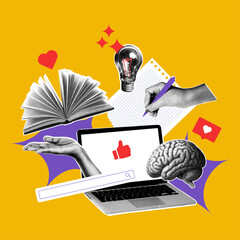 Creative collage with brain, laptop and writing hand in retro halftone style