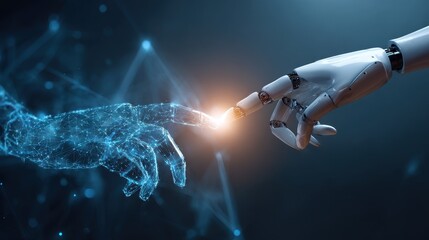 Fototapeta premium Futuristic contact between robotic hand and human finger with glowing energy, representing artificial intelligence, big data networks, machine learning, and next generation digital innovation.