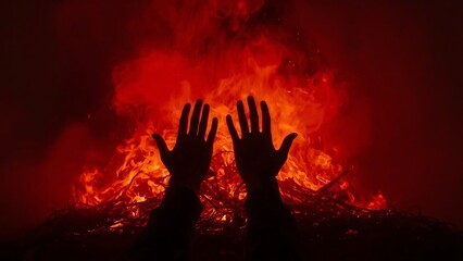 Silhouetted Hands Reaching Toward Intense Bonfire Flames at Night