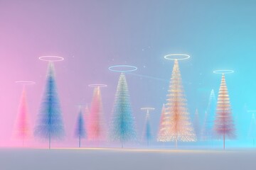 A serene and magical winter wonderland featuring glowing, abstract Christmas trees in a vibrant pastel gradient landscape.
