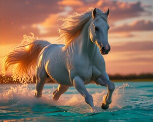 Cinematic Photograph of Powerful White Horse Running in Turquoise Shallow Water