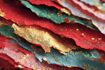 A vibrant close-up of textured layers in red, green, and gold, adorned with sparkling glitter, creating a festive abstract background.