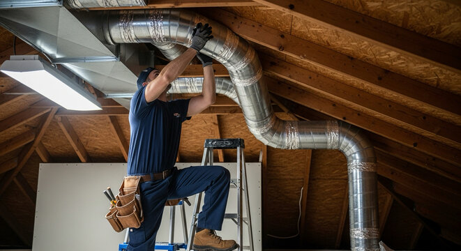 HVAC technician installing vent duct, arms reaching upward, face hidden