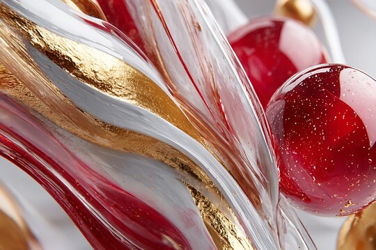 A captivating abstract composition featuring flowing red, gold, and white elements with sparkling red spheres, evoking luxury and celebration.