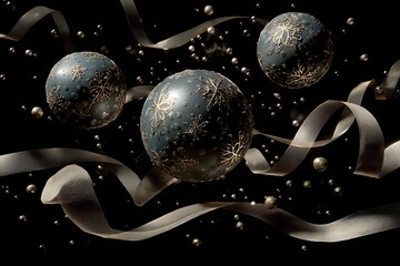 Elegant teal and gold Christmas baubles with flowing ribbons and sparkling beads create a luxurious festive atmosphere.