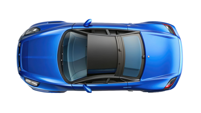 Blue Car Top View Isolated on Transparent white background, clipping path