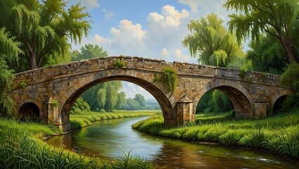 Fototapeta premium Stone Arch Bridge Over Calm River Summer Landscape